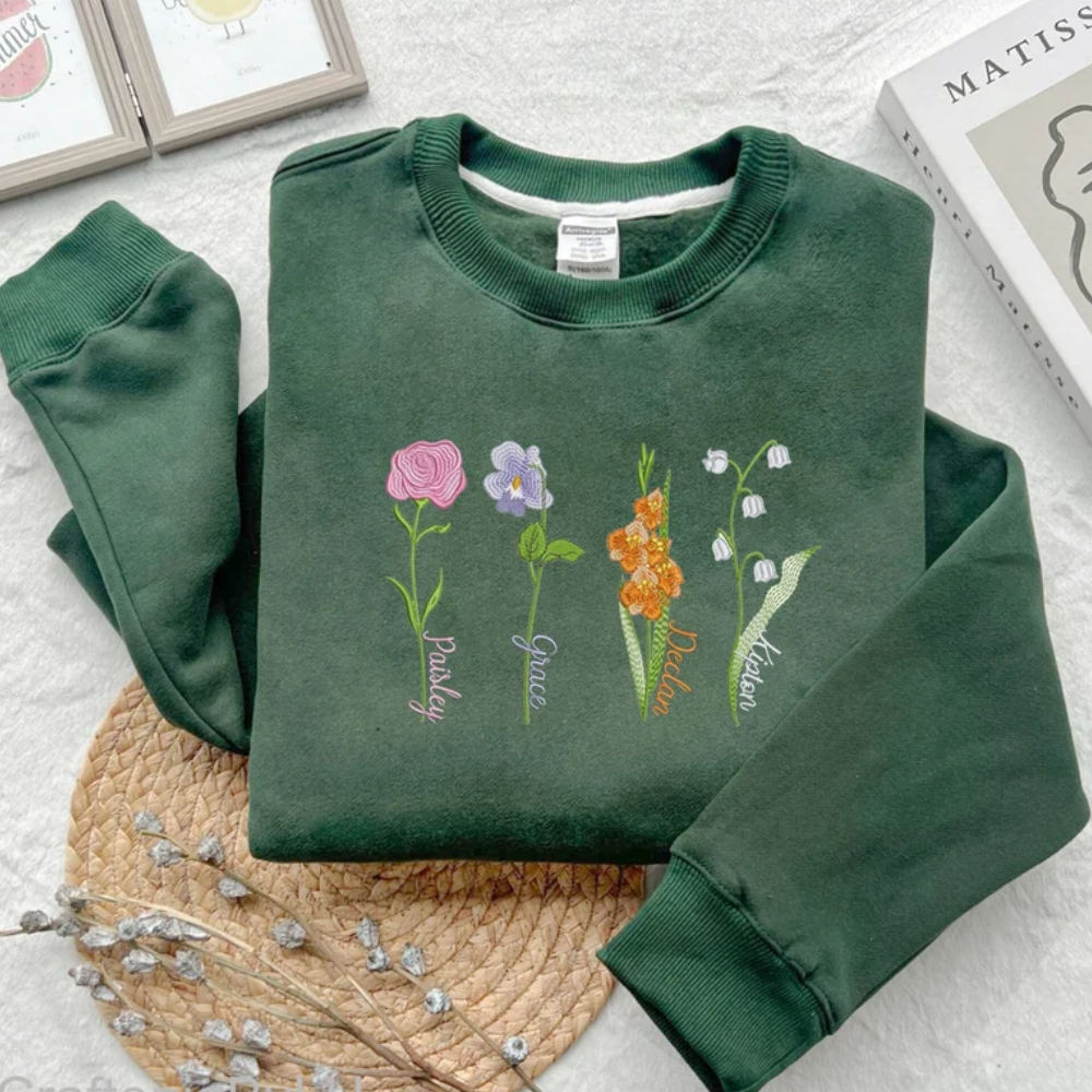 Custom Birth Month Flower Crewneck On Chest - Gift For Mother, Grandmother - Embroidered Sweatshirt