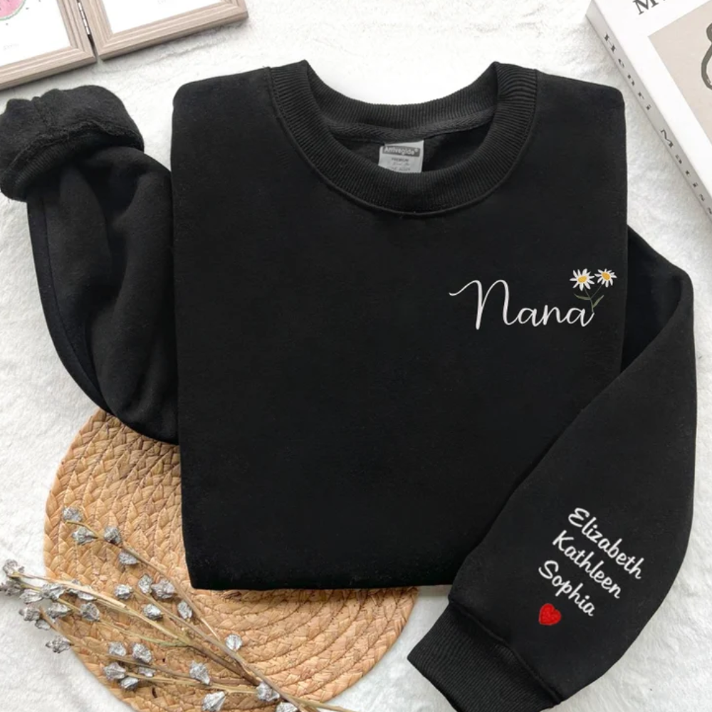 Custom Nana Daisy With Grandkids On Chest And Sleeve - Gift For Grandmother - Embroidered Sweatshirt