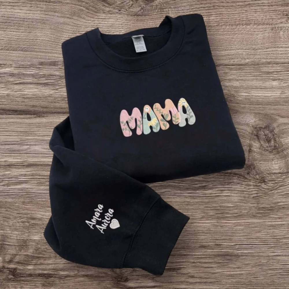 Custom Mama Floral With Kids On Chest And Sleeve - Gift For Mom - Embroidered Sweatshirt
