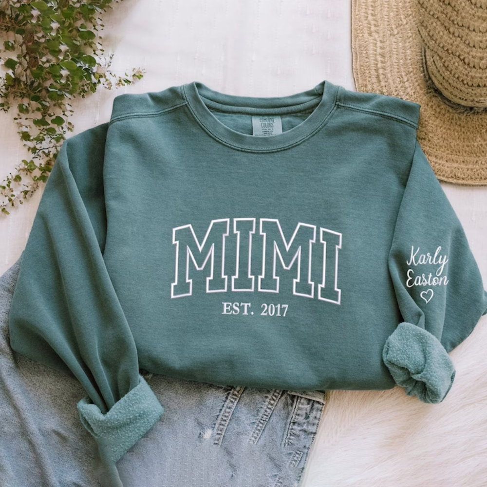 Custom Mimi With Date On Chest And Sleeve - Gift For Mom, Grandma - Embroidered Sweatshirt