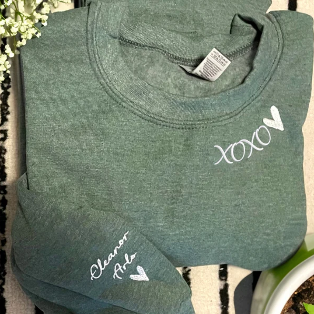 Custom Xoxo Heart Icon On Neckline And Sleeve - Gift For Couple - Embroidered Sweatshirt