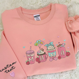Custom Mama Drink Coffee On Chest And Sleeve - Gift For Mom, Grandmother - Embroidered Sweatshirt