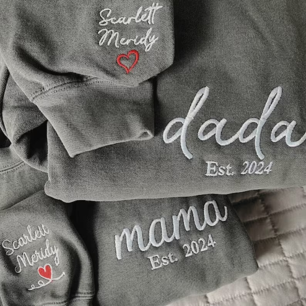 Custom Dada Mama With Kids On Chest And Sleeve - Gift For Mom, Dad - Embroidered Sweatshirt