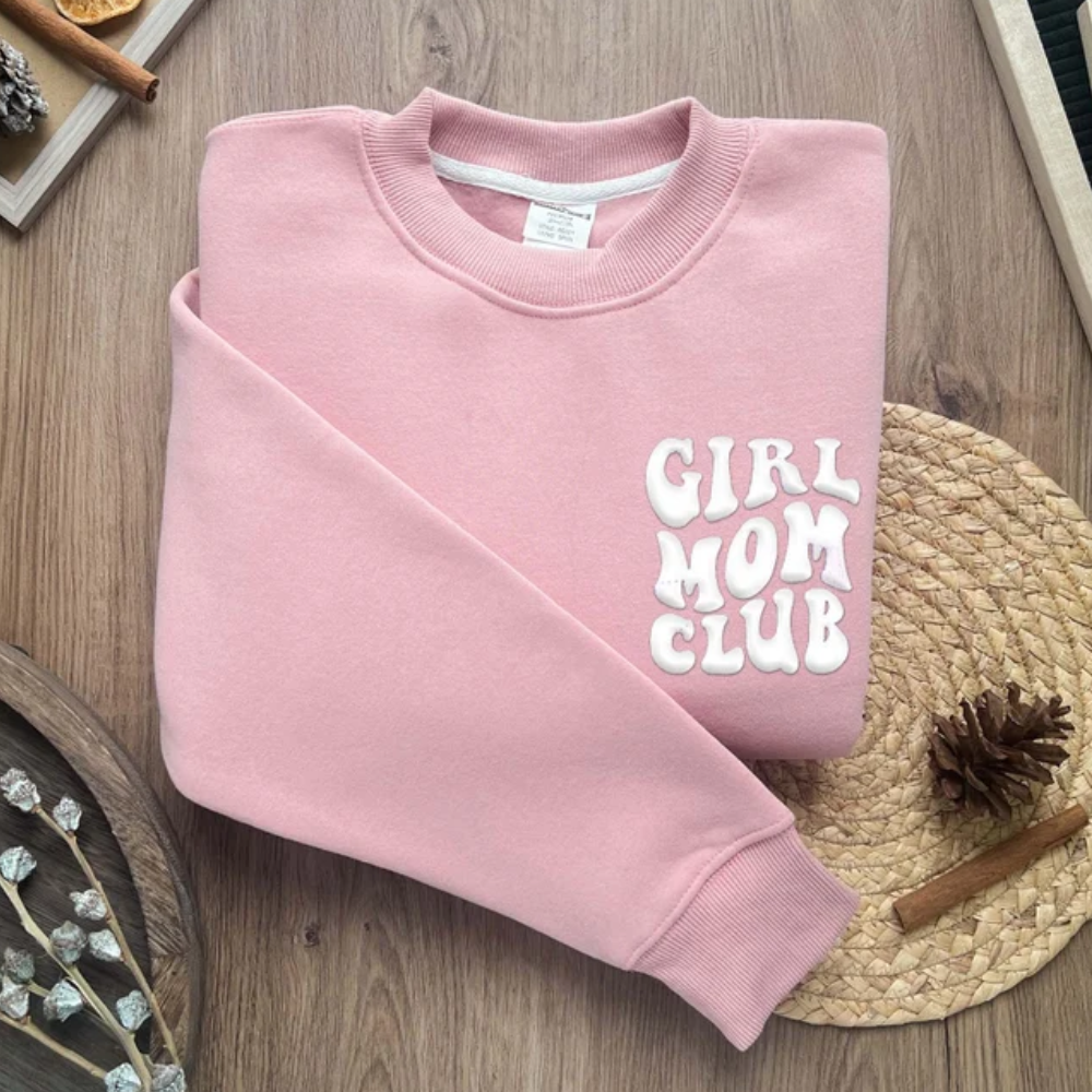 Custom Girl Mom Club On Chest And Sleeve - Gift For Mom - Embroidered Sweatshirt