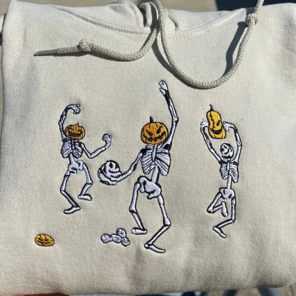 Custom Dancing Skeletons Halloween Image Portrait On Chest - Embroidered Sweatshirt