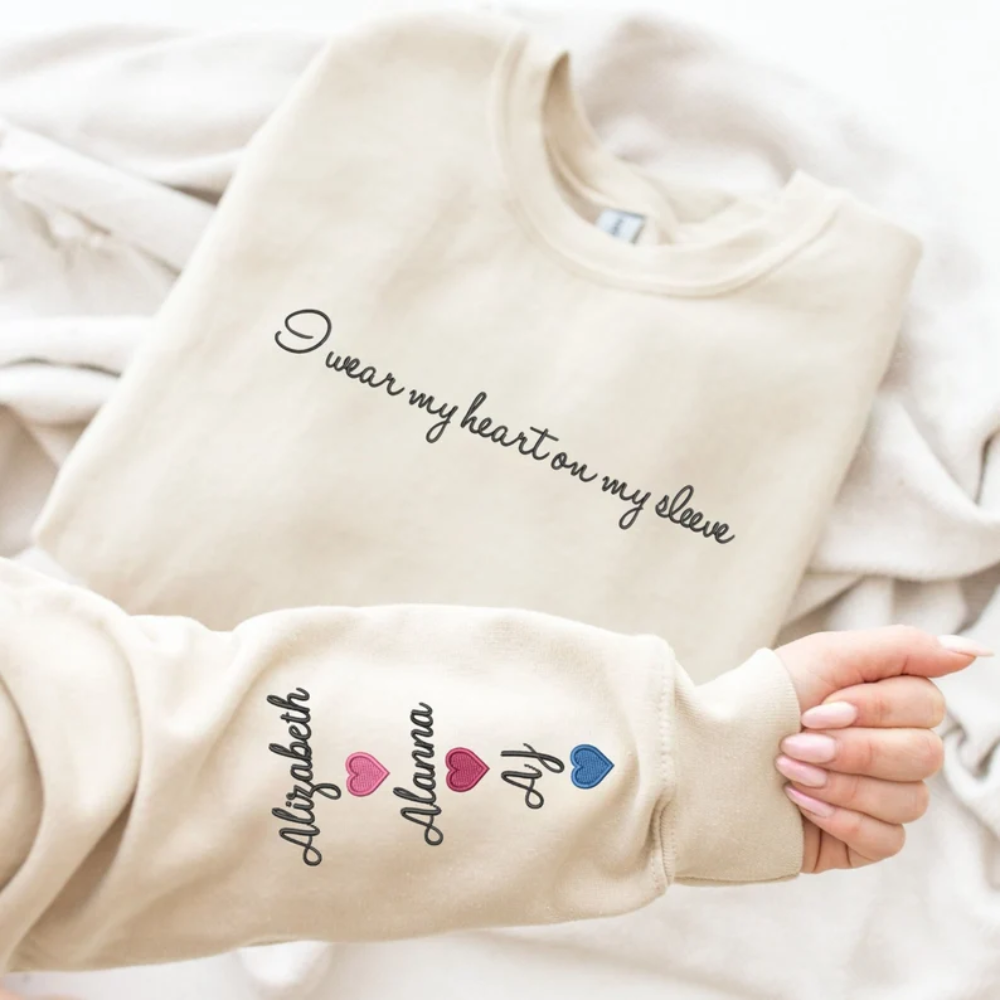 Custom Name I Wear My Heart On Chest And Sleeve - Gift For Mom, Grandma - Embroidered Sweatshirt