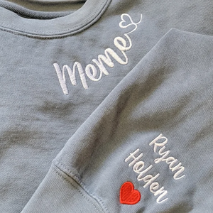 Custom Grandma With Kid Heart Icon On Neckline And Sleeve - Gift For Mom, Grandmother - Embroidered Sweatshirt