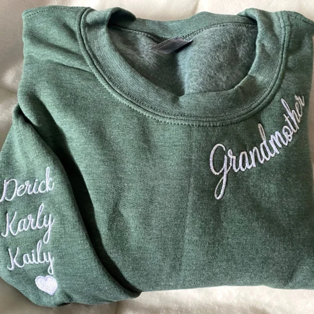 Custom Grandmother With Kid Heart Icon On Neckline And Sleeve - Gift For Mom, Grandma - Embroidered Sweatshirt