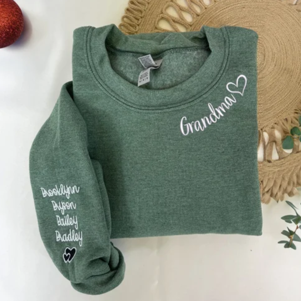 Custom Grandma With Grandkids On Neckline And Sleeve - Gift For Mom, Grandmother - Embroidered Sweatshirt