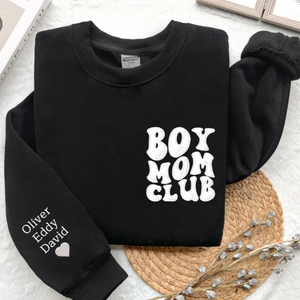Custom Boy Mom Club Green On Chest And Sleeve - Gift For Mother - Embroidered Sweatshirt