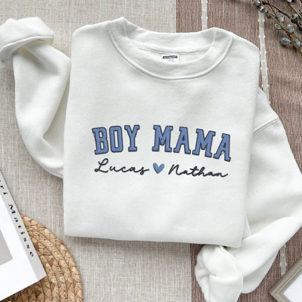 Custom Boy Mama On Chest And Sleeve - Gift For Mom - Embroidered Sweatshirt