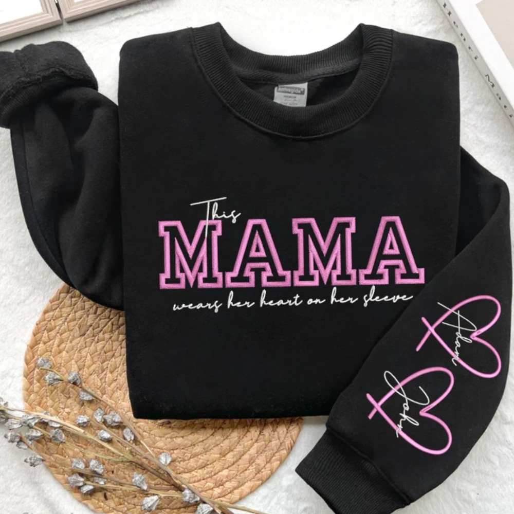 Custom This Is Mama Wear Her Heart On Chest And Sleeve - Gift For Mom - Embroidered Sweatshirt