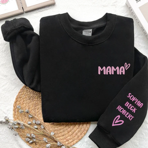 Custom Papa Mama With Kid Black On Chest And Sleeve - Gift For Mom, Dad - Embroidered Sweatshirt