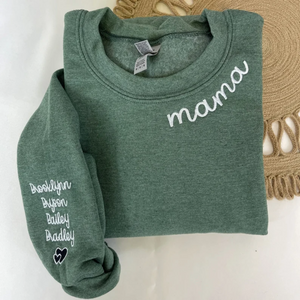 Custom Grandma Heart Icon With Kid On Neckline And Sleeve - Gift For Mom, Grandmother - Embroidered Sweatshirt