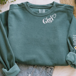 Custom Grandma With Kid Heart Icon On Neckline And Sleeve - Gift For Mom, Grandmother - Embroidered Sweatshirt