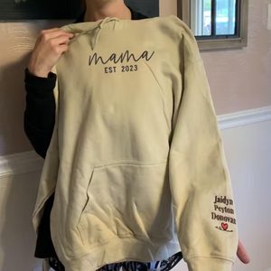 Custom Mama With Date And Kid Lovely On Chest And Sleeve - Gift For Mom, Grandma - Embroidered Sweatshirt