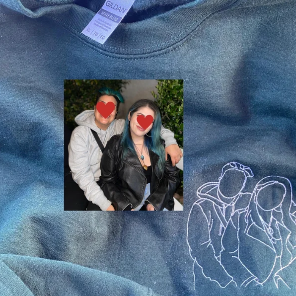 Custom Couple Basic Image Portrait On Chest - Gift For Girlfriend, Boyfriend - Embroidered Sweatshirt