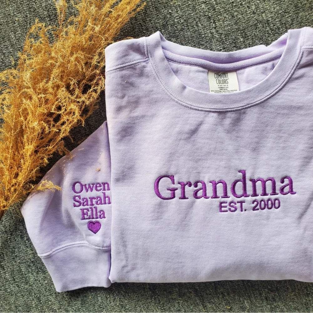 Custom Date Grandma With Kid On Chest And Sleeve - Gift For Mom, Grandma - Embroidered Sweatshirt