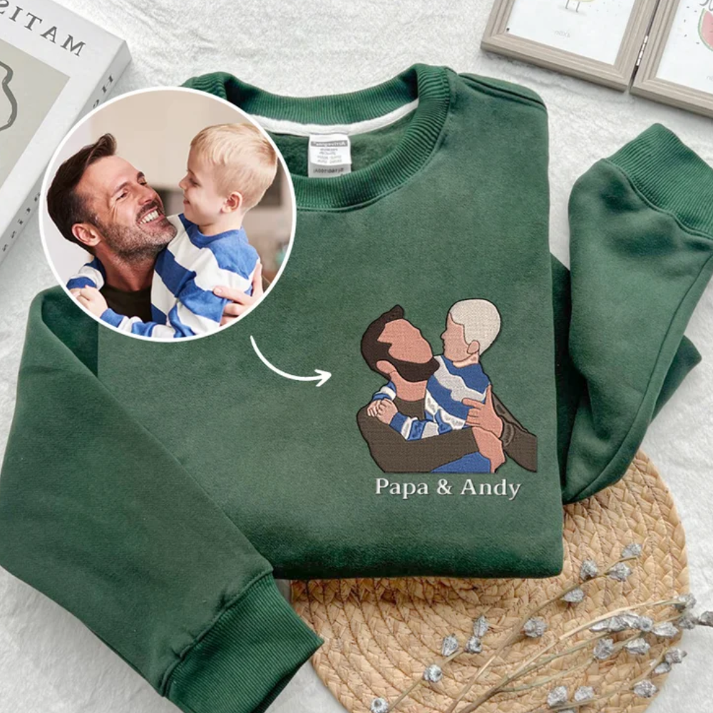 Custom Papa With His Boy, Daughter Image On Chest - Gift For Dad - Embroidered Sweatshirt