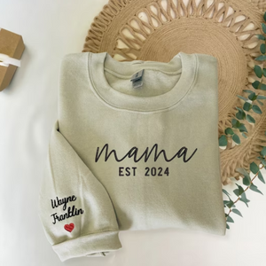 Custom Mama With Date And Kid Lovely On Chest And Sleeve - Gift For Mom, Grandma - Embroidered Sweatshirt
