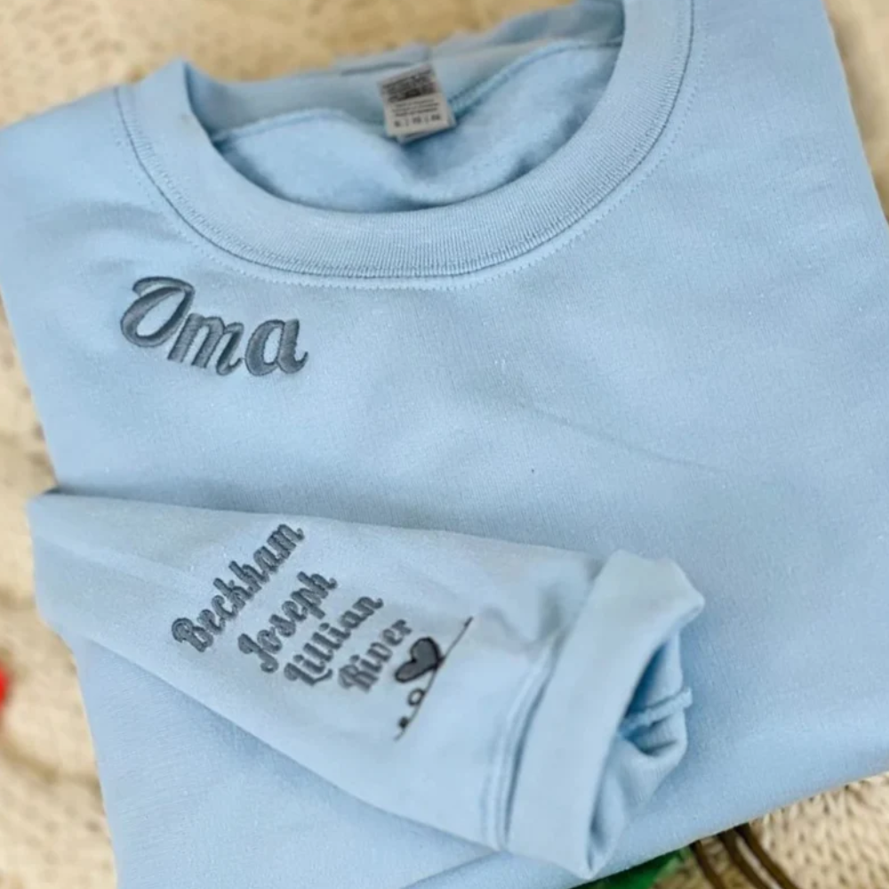 Custom Oma With Kid On Neckline And Sleeve - Gift For Mom, Grandmother - Embroidered Sweatshirt