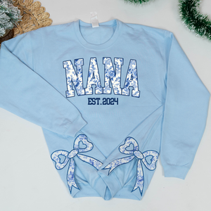 Custom Name Nana Est, Floral - Applique Embroidered Bow Embellished Sweatshirt Personalized Side Bow Cut-Out Sweatshirt - Gift For Grandma, Mom - NH96