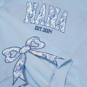 Custom Name Nana Est, Floral - Applique Embroidered Bow Embellished Sweatshirt Personalized Side Bow Cut-Out Sweatshirt - Gift For Grandma, Mom - NH96