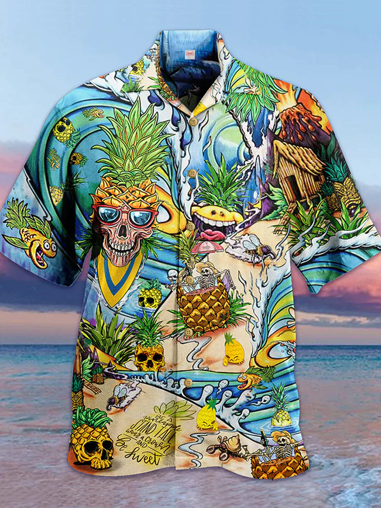 Eye-Catching Psychedelic Hippie Beach Skull Pineapple Hawaiian Shirt
