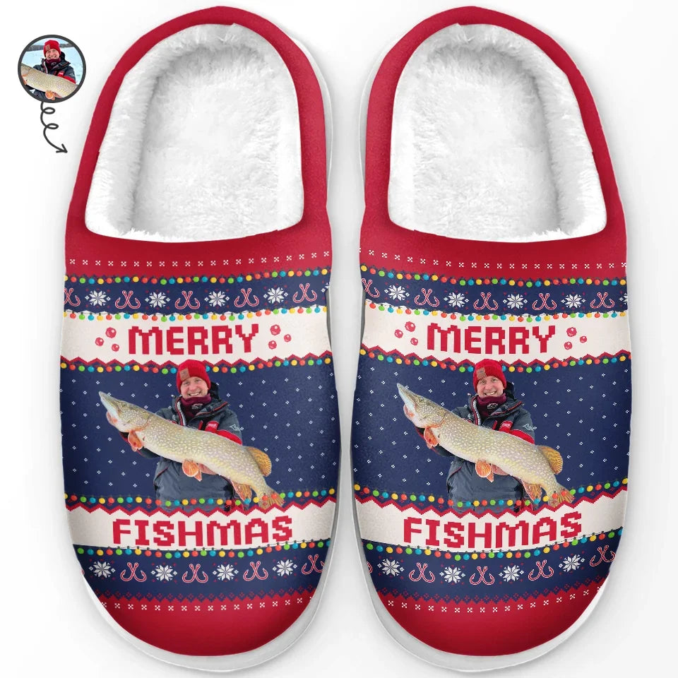 Custom Photo Merry Fishmas - Personalized Slippers - Christmas Gift For Fishing Lovers, Fisherman - NA94