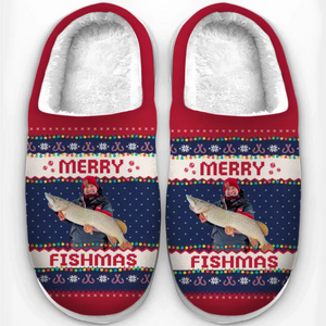 Custom Photo Merry Fishmas - Personalized Slippers - Christmas Gift For Fishing Lovers, Fisherman - NA94