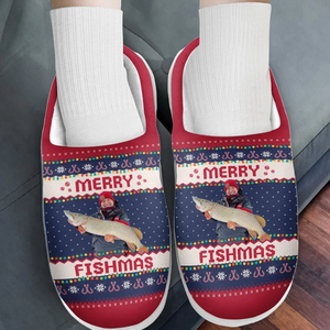 Custom Photo Merry Fishmas - Personalized Slippers - Christmas Gift For Fishing Lovers, Fisherman - NA94