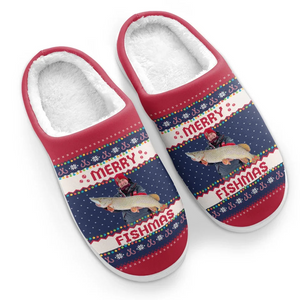 Custom Photo Merry Fishmas - Personalized Slippers - Christmas Gift For Fishing Lovers, Fisherman - NA94