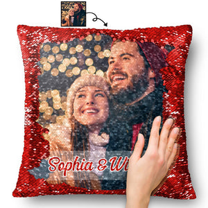 Custom Photo Lovely Couple - Personalized  Sequin Pillow -  Gift For Couple, Husband Wife, Anniversary, Engagement, Wedding, Marriage Gift - NA94