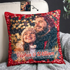 Custom Photo Lovely Couple - Personalized  Sequin Pillow -  Gift For Couple, Husband Wife, Anniversary, Engagement, Wedding, Marriage Gift - NA94