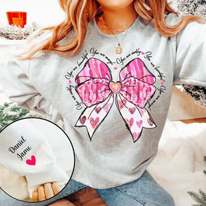 Valentine Bow Coquette You Are Loved Hearts - Custom Sleeve Sweater, Hoodie, Tshirt - Valentine Gift for Girlfriend