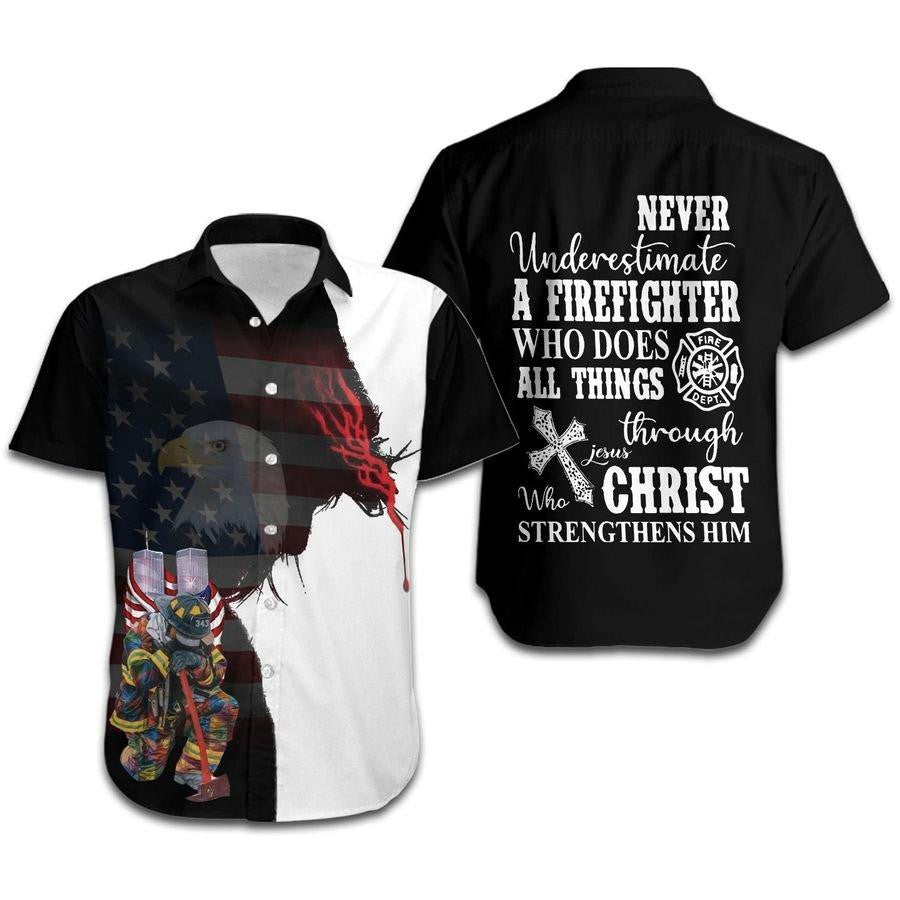 Never Underestimate A Firefighter Who Does All Things Through Jesus Christ Hawaiian Shirt | For Men & Women | HW8408