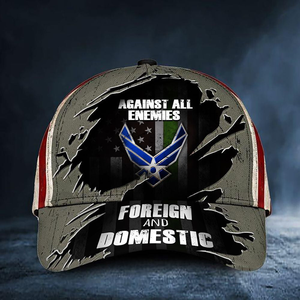 Air Force Hat Against All Enemies Foreign And Domestic Green Line USA Flag Air Force Ball Cap