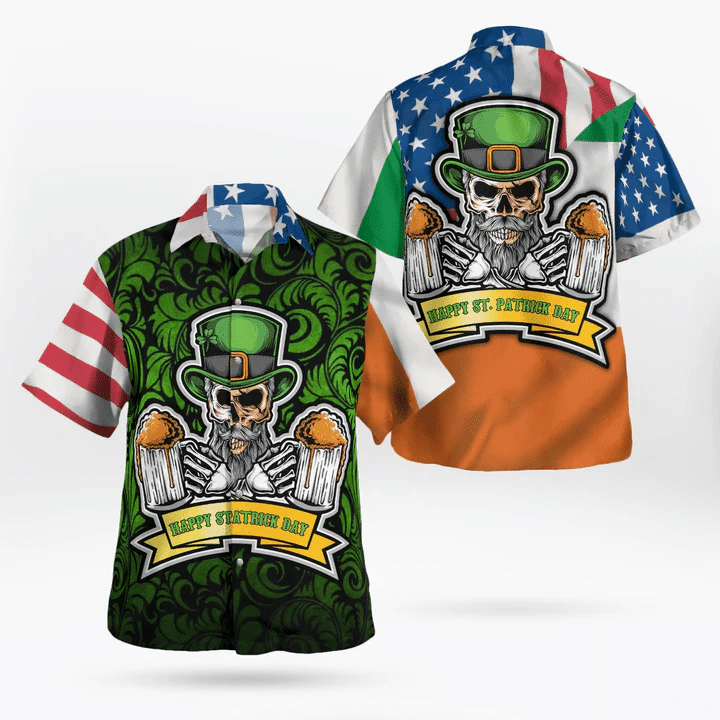 Hawaiian Aloha Shirts, American Irish Flag With Celtic Cross Drinking Skeleton Hawaii Shirt - Gift For Irish