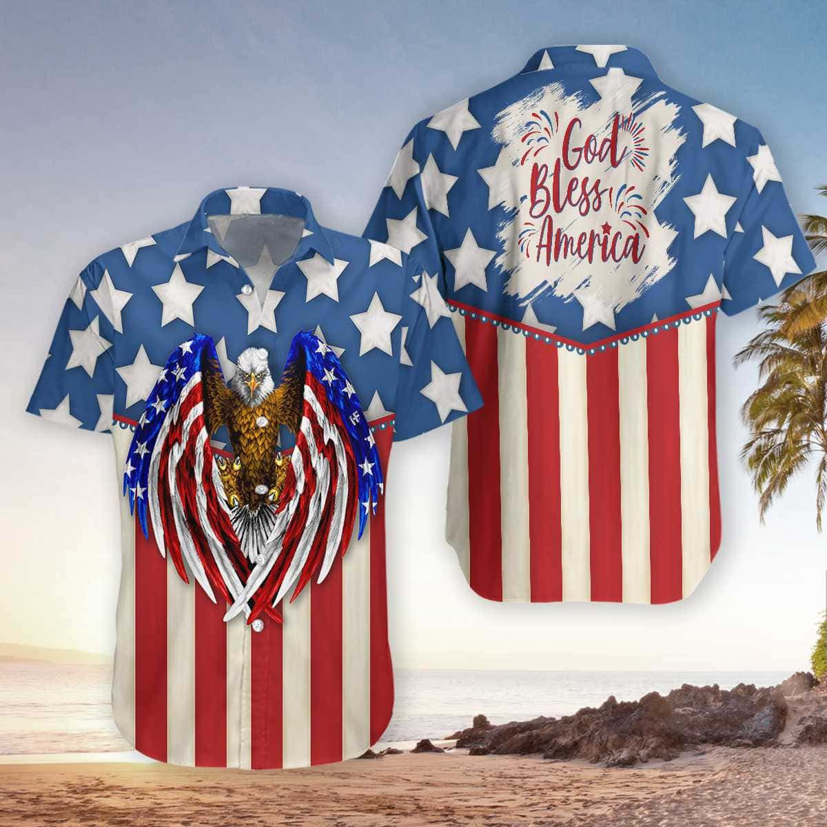 Hawaiian Aloha Shirts God Bless America 4Th Of July Eagle Hawaiian Shirt For Men