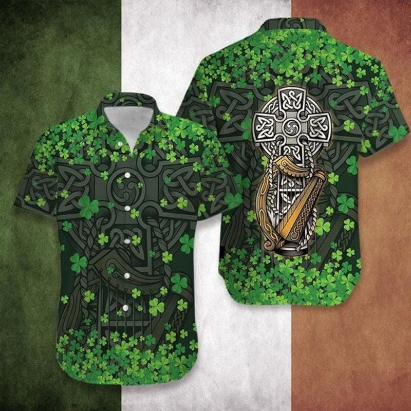 Hawaiian Aloha Shirts, Irish St Patrick's Day The Celtic Cross Harp, St Patrick's Day Hawaiian shirt