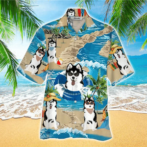 Husky Terrier Mens 3D Hawaiian Shirt, Husky Button Up Shirt