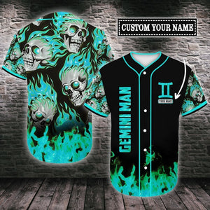 Personalized Custom Name Gemini Skull Flame Baseball Tee Jersey Shirt
