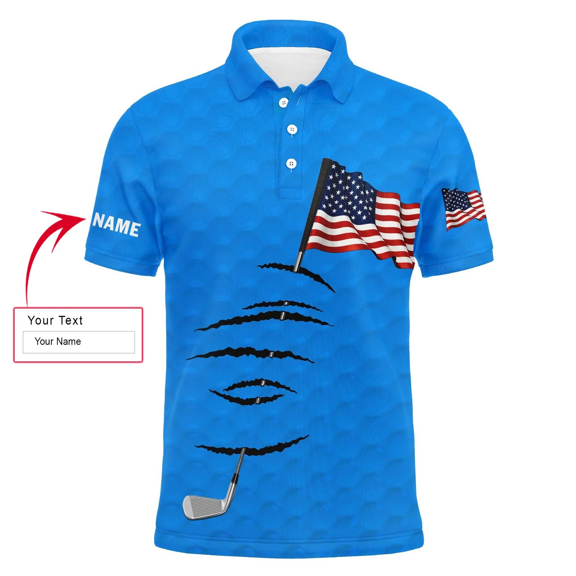 Personalized Custom Name American Flag 4th July Blue Men Golf Polo Shirt