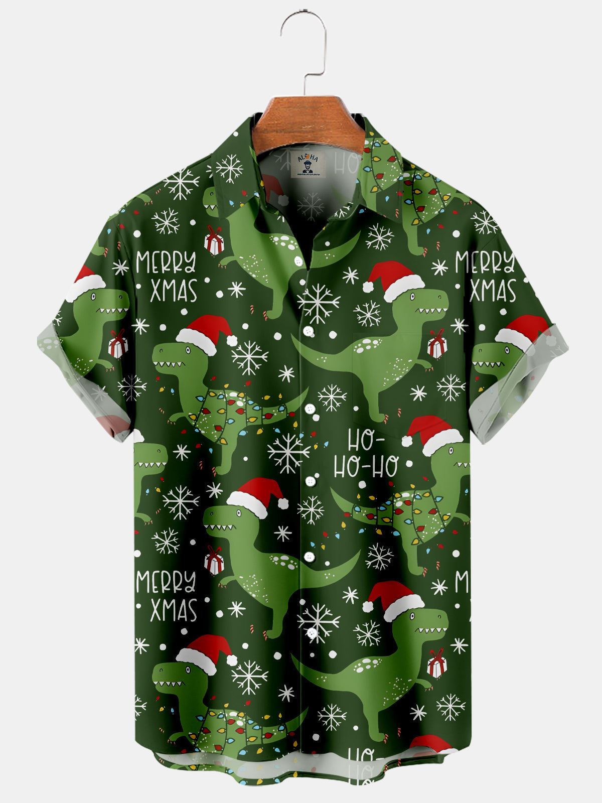 Christmas Cute Fun Green Dinosaur Ho Ho Ho - Hawaiian Shirt
