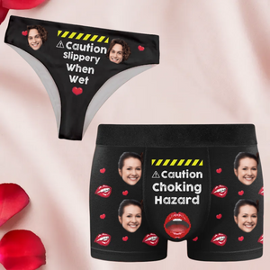 Custom Photo Caution Naughty Fun - Anniversary Valentines Gift For Couples - Personalized Photo Matching Underwear