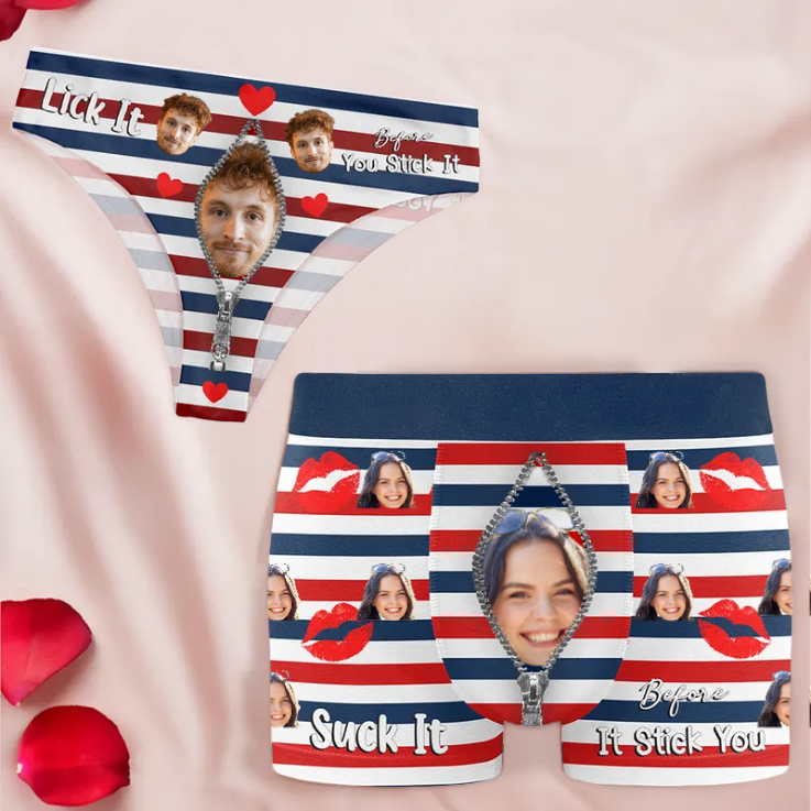 Custom Photo Lick It Stick It Suck It Naughty - Gift For Couples - Personalized Photo Matching Underwear