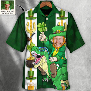 ST Patrick's Day Dinosaur Funny Custom Photo Personalized Hawaiian Shirt