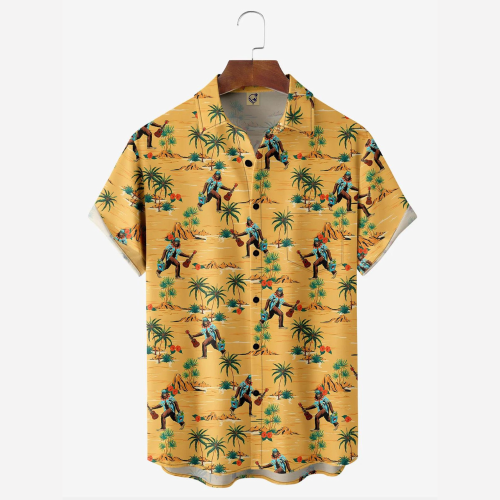 Coconut Tree Bigfoot With Guitar Yellow - Hawaiian Shirt