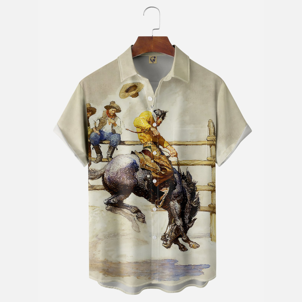 Vintage Cowboy Bullfight Painting - Hawaiian Shirt