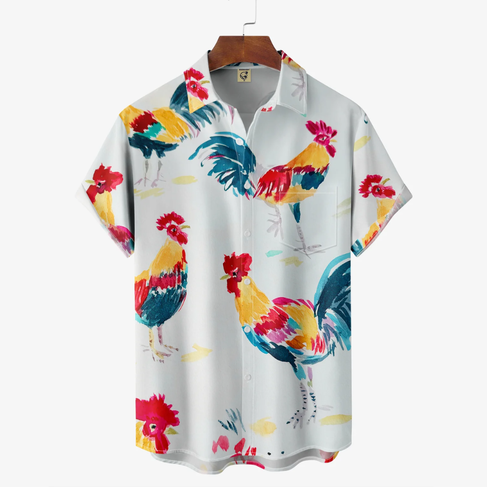 Rooster Art Chest Pocket Short Sleeve - Hawaiian Shirt